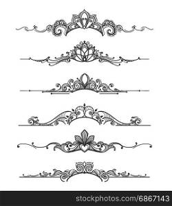 Floral design crown calligraphic elements. Floral design crown calligraphic elements. Linear royal tiara curly vector dividers for elegant wedding flourish invitations