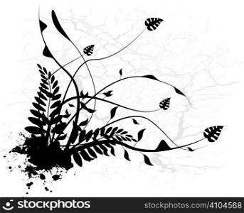 Floral design in black and white silhouette with ink spots