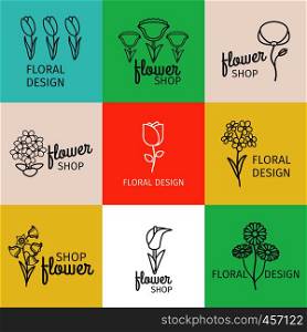 Floral design line logo and flower shop linear colored labels. Vector illustration. Floral design line logo
