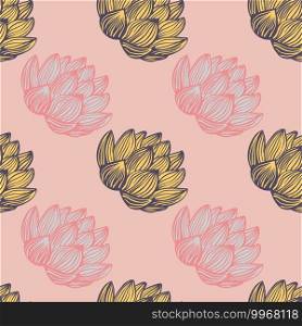 Floral doodle seamless pattern with contoured lotus flowers shapes. Pink pastel palette artwork. Botanic print. Decorative backdrop for fabric design, textile print, wrapping, cover.. Floral doodle seamless pattern with contoured lotus flowers shapes. Pink pastel palette artwork. Botanic print.