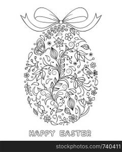 Floral easter egg on white background.Coloring page for children and adult. Vector illustration.. Floral easter egg