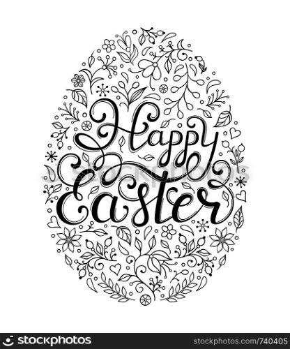 Floral easter egg with handwriting inscription Happe Easter on white background.Coloring page for children and adult. Vector illustration.. Floral easter egg