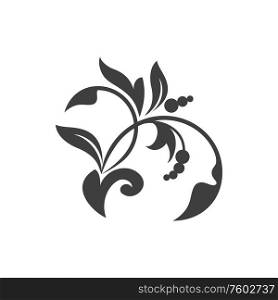 Floral element isolated plant. Vector monochrome berries and leaves, floristic tattoo design. Outline floral element isolated tattoo design