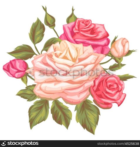 Floral element with vintage roses. Decorative retro flowers. Image for wedding invitations, romantic cards, booklets.