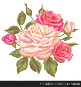 Floral element with vintage roses. Decorative retro flowers. Image for wedding invitations, romantic cards, booklets.