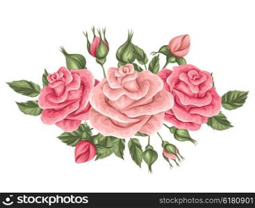 Floral element with vintage roses. Decorative retro flowers. Object for decoration wedding invitations, romantic cards.