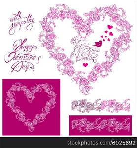 Floral elements: heart frame, seamless border with flowers, calligraphic hand drawn text Happy Valentines day, Design for holidays, greeting cards, invitations, posters, prints.