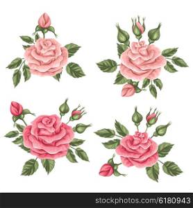 Floral elements with vintage roses. Decorative retro flowers. Objects for decoration wedding invitations, romantic cards.