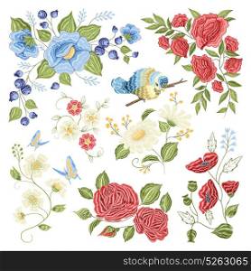 Floral Embroidery Colorful Pattern Pattern . Classic floral embroidery filling space pattern design with roses chamomile blueberries birds and butterflies colorful vector illustration