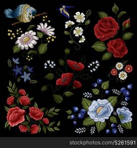 Floral Embroidery Folk Fashion Pattern . Traditional floral folk fashion ornamental embroidery pattern design in red green white blue on black background vector illustration