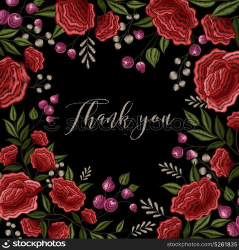 Floral Embroidery Frame Background Design. Red roses on black background floral decorative embroidery frame pattern design with thank you lettering vector illustration