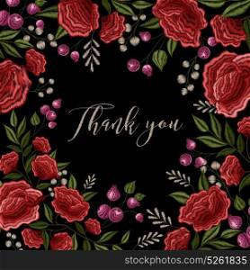 Floral Embroidery Frame Background Design. Red roses on black background floral decorative embroidery frame pattern design with thank you lettering vector illustration