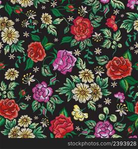 Floral embroidery pattern. Embroidered background, flower garden vintage print. Silk stitch imitation, roses, peony and daisy nowaday vector seamless texture. Illustration of pattern floral embroidery. Floral embroidery pattern. Embroidered background, flower garden vintage print. Silk stitch imitation, roses, peony and daisy nowaday vector seamless texture