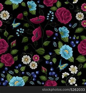 Floral Embroidery Seamless Pattern . Traditional floral folk style embroidery seamless pattern design in purple green white blue on black background vector illustration