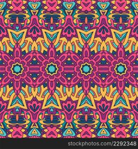 Floral ethnic festive pattern for fabric. Psychedelic colorful seamless mandala boho flower ornamental.. Vector seamless pattern flower embroidery colorful ethnic tribal geometric psychedelic mexican print