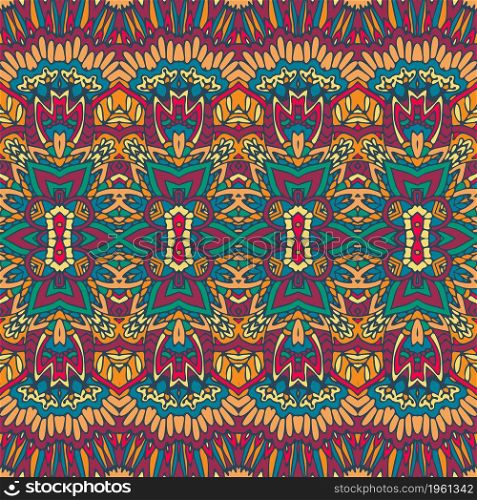 Floral ethnic tribal festive pattern. Abstract geometric colorful seamless mandala flower ornamental. Mexican design. Festive colorful seamless vector pattern psychedelic doodle art