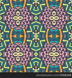 Floral ethnic tribal festive pattern for fabric. Abstract geometric colorful seamless pattern ornamental. Mexican design. Tribal indian ethnic seamless design. Festive colorful mandala pattern. Oriental, Arabic, Indian, abstract doodle and floral motifs. Best for tapestry, neckerchief