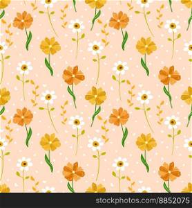 Floral fashion print pattern design. Hand drawn painting spring small flowers. flower seamless pastel pink background. Little white, yellow and orange color meadow flowers and tiny Valentine hearts