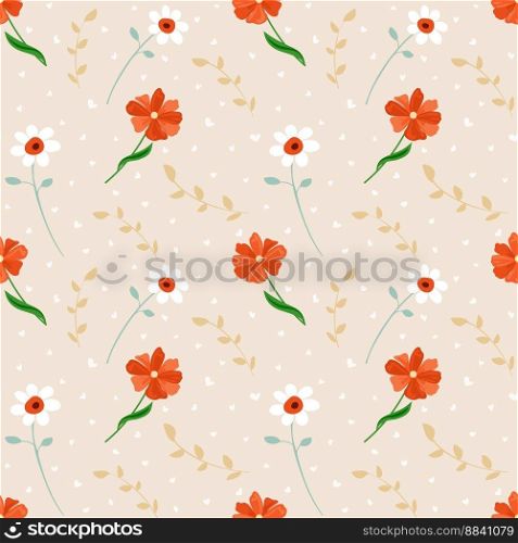 Floral fashion print pattern design. Hand drawn painting spring small flowers. Floral seamless background. Little white and orange color meadow flowers and tiny hearts