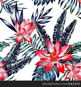 Floral fashion tropic wallpaper with leaves of banana palm in a trendy blue style. Pink lotus flower hand drawn watercolor, on white background. Print hawaii jungle seamless vector pattern
