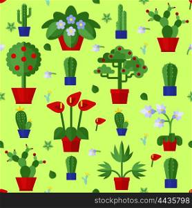 Floral Flat Plants Icons Seamless Pattern . Florist shop wrapping paper flat seamless pattern with house plants pictograms on fresh green background abstract vector illustration