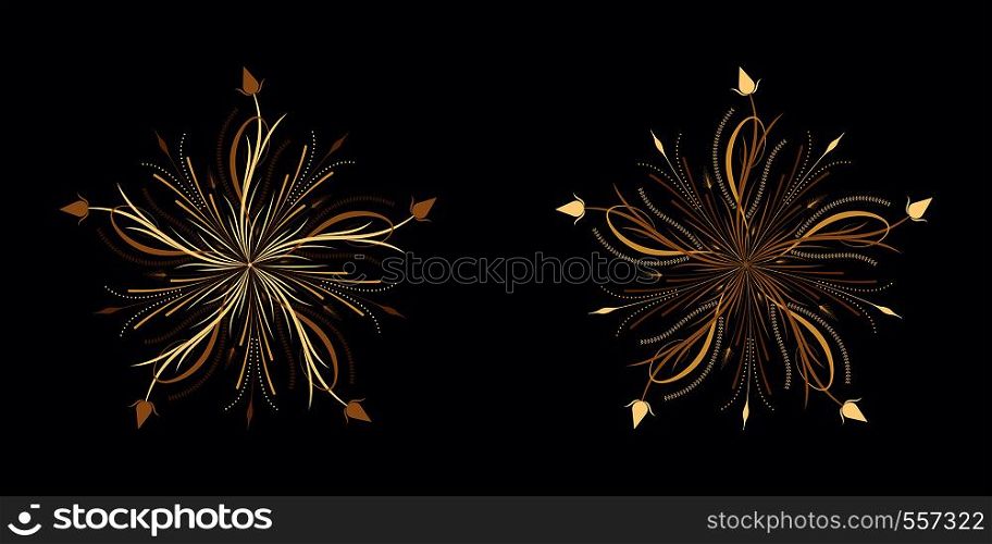 Floral flourish ornament in golden calligraphic style with 5 repeating rays. Vector radial decoration, round herbal bouquet with flowers and leaves, branches and curls. Floral star, set 3. Floral flourish ornament in golden style, vector