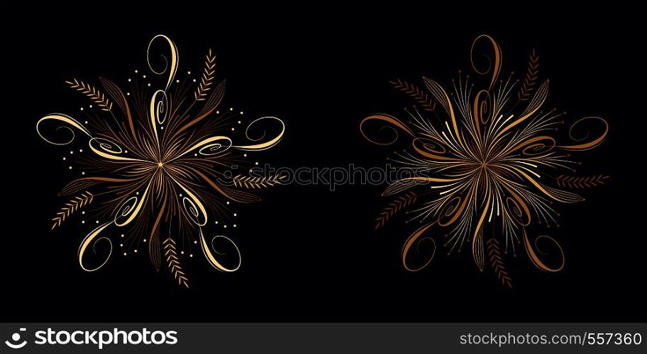 Floral flourish ornament in golden calligraphic style with 5 repeating rays. Vector radial decoration, round herbal bouquet with flowers and leaves, branches and curls. Floral star, set 2. Floral flourish ornament in golden style, vector