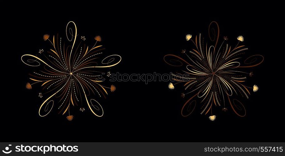 Floral flourish ornament in golden calligraphic style with 5 repeating rays. Vector radial decoration, round herbal bouquet with flowers and leaves, branches and curls. Floral star, set 6. Floral flourish ornament in golden style, vector