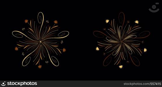 Floral flourish ornament in golden calligraphic style with 5 repeating rays. Vector radial decoration, round herbal bouquet with flowers and leaves, branches and curls. Floral star, set 6. Floral flourish ornament in golden style, vector
