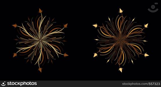 Floral flourish ornament in golden calligraphic style with 6 repeating rays. Vector radial decoration, round herbal bouquet with flowers and leaves, branches and curls. Floral star, set 3. Floral flourish ornament in golden style, vector