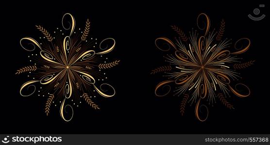 Floral flourish ornament in golden calligraphic style with 6 repeating rays. Vector radial decoration, round herbal bouquet with flowers and leaves, branches and curls. Floral star, set 2. Floral flourish ornament in golden style, vector
