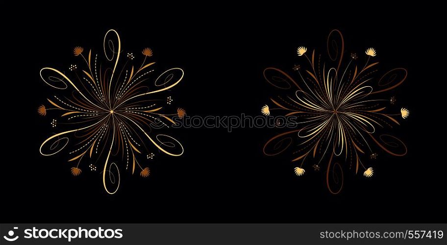 Floral flourish ornament in golden calligraphic style with 6 repeating rays. Vector radial decoration, round herbal bouquet with flowers and leaves, branches and curls. Floral star, set 6. Floral flourish ornament in golden style, vector