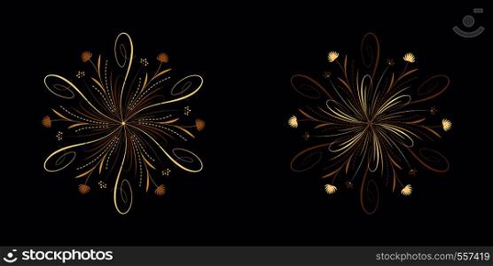 Floral flourish ornament in golden calligraphic style with 6 repeating rays. Vector radial decoration, round herbal bouquet with flowers and leaves, branches and curls. Floral star, set 6. Floral flourish ornament in golden style, vector