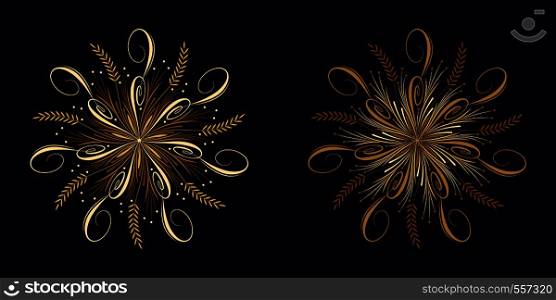 Floral flourish ornament in golden calligraphic style with 7 repeating rays. Vector radial decoration, round herbal bouquet with flowers and leaves, branches and curls. Floral star, set 2. Floral flourish ornament in golden style, vector