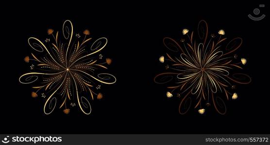 Floral flourish ornament in golden calligraphic style with 7 repeating rays. Vector radial decoration, round herbal bouquet with flowers and leaves, branches and curls. Floral star, set 6. Floral flourish ornament in golden style, vector