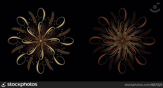 Floral flourish ornament in golden calligraphic style with 8 repeating rays. Vector radial decoration, round herbal bouquet with flowers and leaves, branches and curls. Floral star, set 2. Floral flourish ornament in golden style, vector