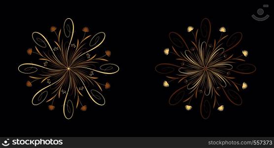Floral flourish ornament in golden calligraphic style with 8 repeating rays. Vector radial decoration, round herbal bouquet with flowers and leaves, branches and curls. Floral star, set 6. Floral flourish ornament in golden style, vector