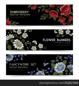 Floral Folk Embroidery Banners Set. Floral folk embroidery design traditional style patterns 3 horizontal banners set with black background isolated vector illustration