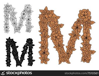 Floral font capital letter M with romantic blooming brown flowers. For vintage monogram or font design. Capital letter M with blooming flowers