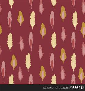 Floral forest leafs seamless simple pattern. Stylized print with burgundy background and yellow elements. Perfect for wallpaper, wrapping paper, textile print, fabric. Vector illustration.. Floral forest leafs seamless simple pattern. Stylized print with burgundy background and yellow elements.