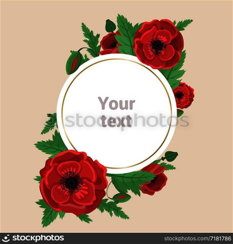 Floral frame for wedding invitation. Poppy flowers. Vector design template. Greeting card. Holiday. Red poppies