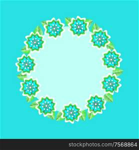 Floral frame in form of circle rounded shape banner vector. Spring and summer season, flora in bloom with petals and leaves empty invitation card. Floral Frame in Form Circle Rounded Shape Banner