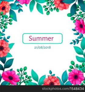 Floral frame. Tropical flowers trendy summer template. Design with beautiful flowers and palm leaves with copy space on white background. Vector digital illustration.. Floral frame. Tropical flowers trendy template. Vertical Design with beautiful flowers and palm leaves with copy space on white background. Vector digital illustration