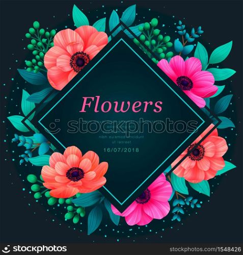 Floral frame. Tropical flowers trendy template. Design with beautiful neon flowers and palm leaves with copy space on dark background. Vector digital illustration.. Floral frame. Tropical flowers trendy template. Design with beautiful neon flowers and palm leaves with copy space on dark background. Vector digital illustration