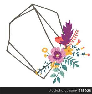 Floral frame with copy space, isolated empty banner with blooming flowers and foliage. Highlights covers for social media. Postcard or sticker, feminine design of ornament vector in flat style. Minimalist frame with flowers and foliage, highlight cover