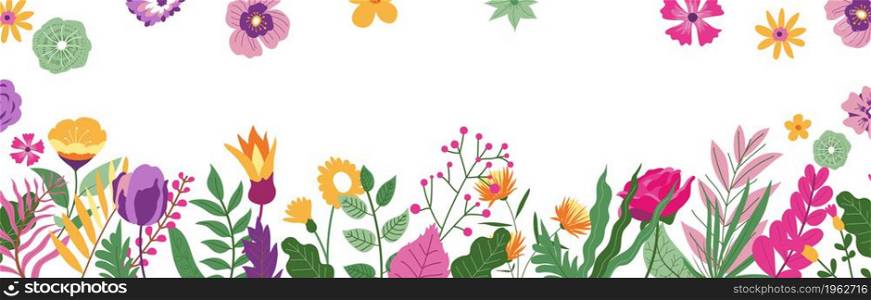 Floral frame with foliage and leaves, banner with copyspace. Springtime or summer decorative flowers and leaves, foliage and plants of wild meadows. Botany and blooming flora. Vector in flat style. Summer or spring blooming, banner or floral frame