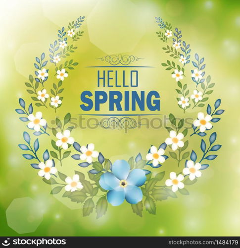 Floral frame with text hello spring and bokeh background.Vector