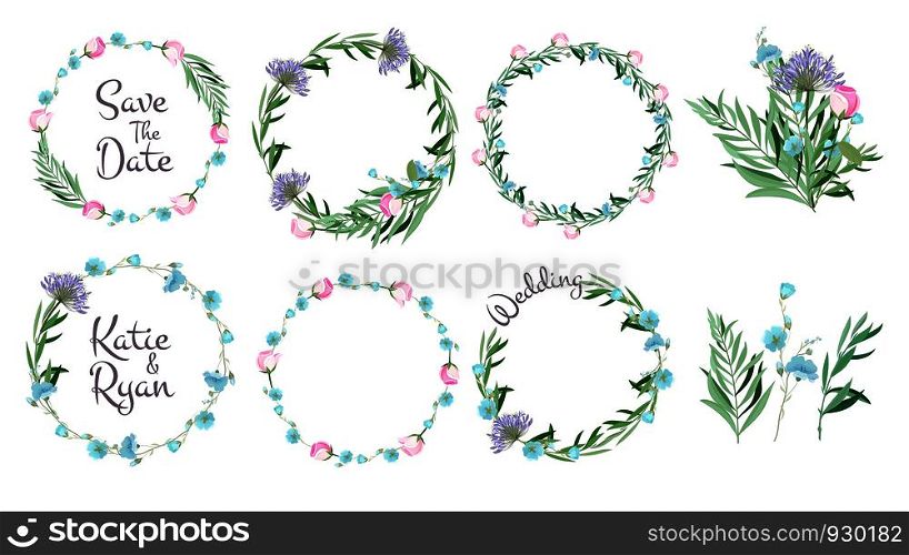 Floral frames. Circle shapes with flowers branches decorative elements simple leaf greeting cards layout wreath vector set. Floral wreath decorative, frame decoration for wedding illustration. Floral frames. Circle shapes with flowers branches decorative elements simple leaf greeting cards layout wreath vector set