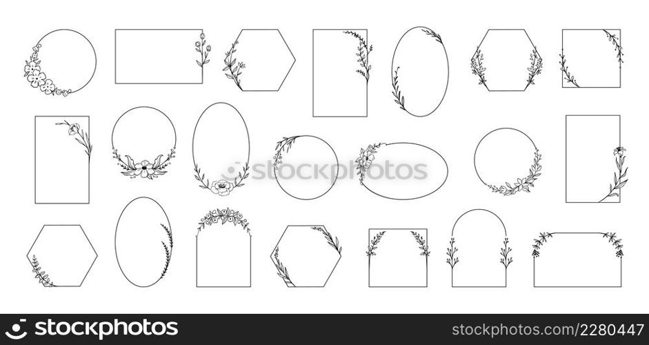 Floral frames. Minimalistic botanical borders with plant branches. Herbs and flowers. Calligraphy blossoms or leaves. Isolated geometric outline elegant shapes. Vector wedding decorative wreaths set. Floral frames. Minimalistic botanical borders with plant branches. Herbs and flowers. Calligraphy blossoms or leaves. Geometric outline elegant shapes. Vector decorative wreaths set