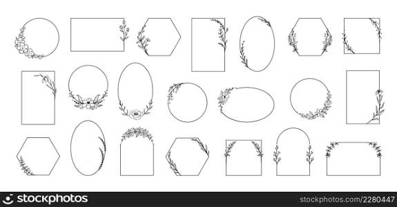 Floral frames. Minimalistic botanical borders with plant branches. Herbs and flowers. Calligraphy blossoms or leaves. Isolated geometric outline elegant shapes. Vector wedding decorative wreaths set. Floral frames. Minimalistic botanical borders with plant branches. Herbs and flowers. Calligraphy blossoms or leaves. Geometric outline elegant shapes. Vector decorative wreaths set